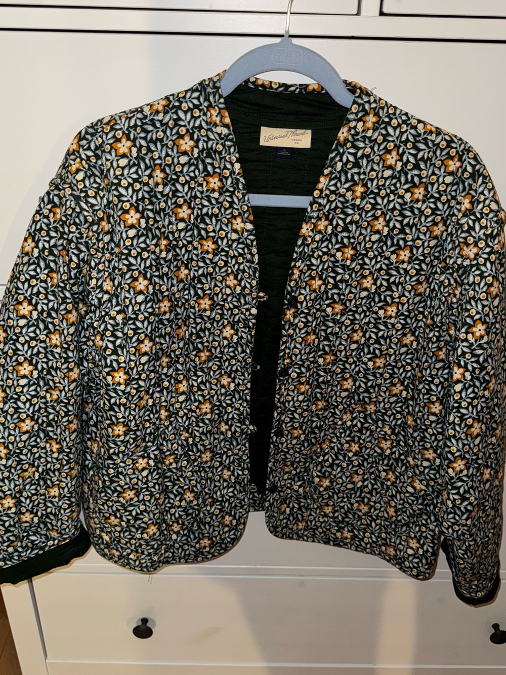 Universal Thread Green Quilted Floral Open Cardigan with Mustard Accents